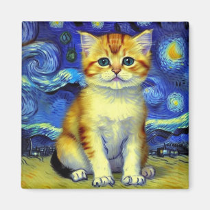 Aimant Cute Kitten Starry Night Van Gogh