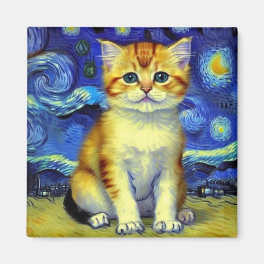 Aimant Cute Kitten Starry Night Van Gogh (Devant)