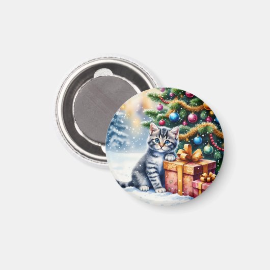 Aimant Cute Kitten Under Christmas Tree (Recto/Verso)