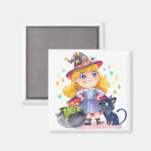 Aimant Cute little witch and black cat (Recto/Verso)