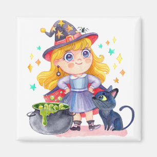 Aimant Cute little witch and black cat