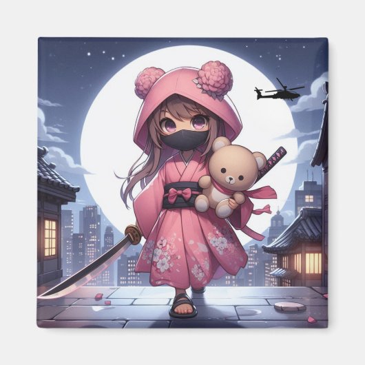 Aimant Cute ninja guerrière fille & teddy (Devant)