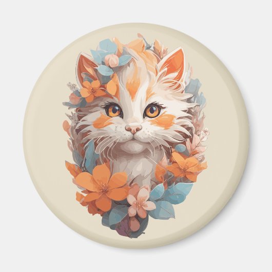 Aimant Cute Orange Floral Kitty Chat (Devant)