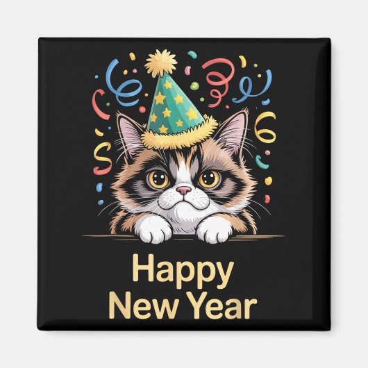 Aimant Cute Party Cat Happy New Year Funny New Year’s Eve (Devant)