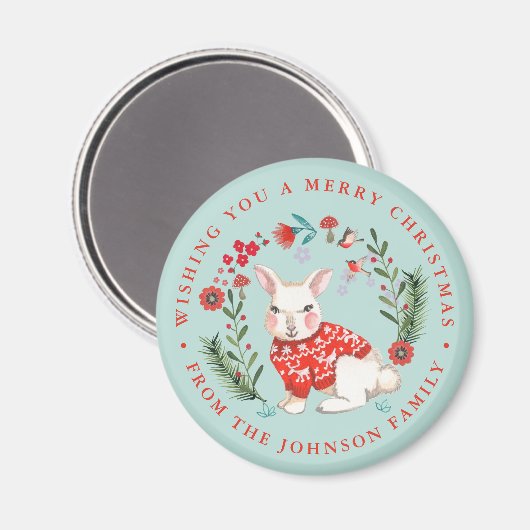 Aimant Cute Rabbit Noël Nom de vacances bleu (Recto/Verso)