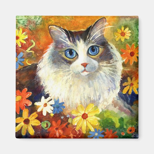 Aimant Cute Ragdoll Chat avec fleurs (Devant)