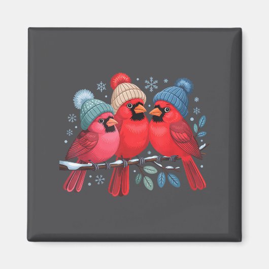 Aimant Cute Red Cardinals With Knitted Hats Winter Bird A (Devant)