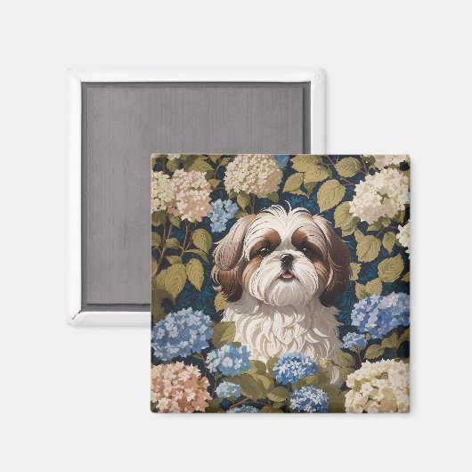 Aimant Cute Shih Tzu Chiot Blue hydrangea fleurs (Recto/Verso)