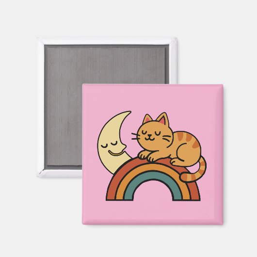 Aimant Cute Sleeping Cat on Rainbow with Moon – Funny Cat (Recto/Verso)