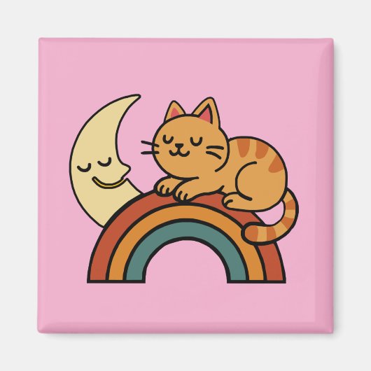 Aimant Cute Sleeping Cat on Rainbow with Moon – Funny Cat (Devant)