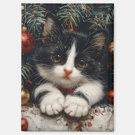 Aimant Cute Tuxedo Kitten Christmas Chat Art (Recto)