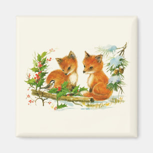 Aimant Cute Vintage Foxes Retro Christmas Scene
