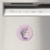 Aimant Cute Violet Aquarelle Chat avec Flore (In Situ (Lave-vaisselle))