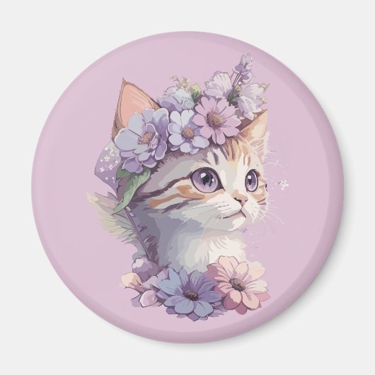 Aimant Cute Violet Aquarelle Chat avec Flore (Devant)