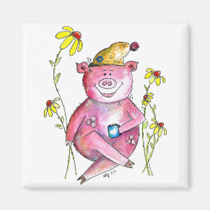 Aimant Cute Whimsical Cochon Boire Café