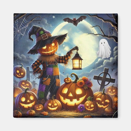 Aimant Cute, Whimsical Halloween épouvantail & citrouille (Devant)