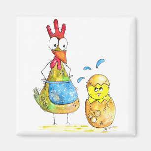 Aimant Cute Whimsical Mama poulet avec bébé