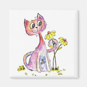 Aimant Cute Whimsical Pink Cat with Yellow Flowers