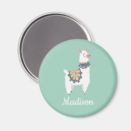 Aimant Cute White Llama Mint Green Monogram Name (Recto/Verso)