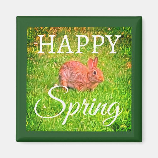 Aimant Cute Wild Rabbit Photo Dark Green Happy Spring (Devant)