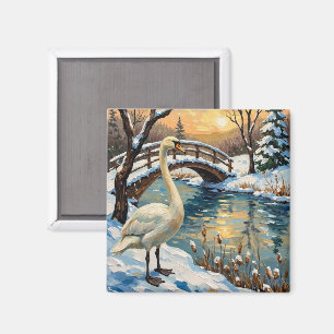 Aimant Cygne Vintage par le Pont enneigé Peinture de Noël