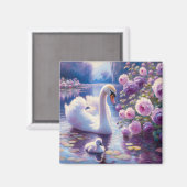 Aimant Cygnet blanc avec Roses violets (Recto/Verso)