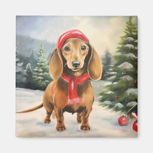 Aimant Dachshund Chien dans la neige Noël (Devant)