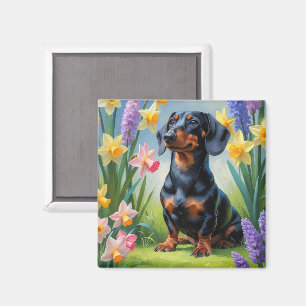 Aimant Dachshund Chien Fleurs de printemps Peinture