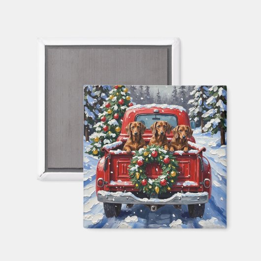 Aimant Dachshund Christmas Red Truck Holiday (Recto/Verso)