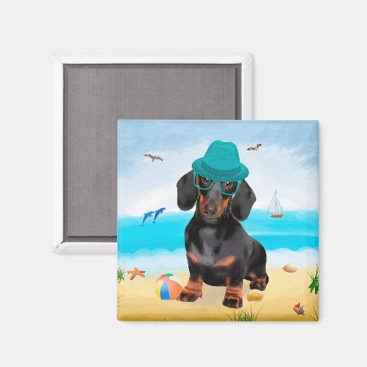 Aimant Dachshund Dog sur la plage (Recto/Verso)