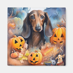 Aimant Dachshund Halloween avec citrouilles effrayant