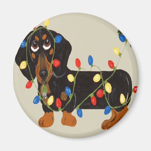 Aimant Dachshund Tangée Dans Les Lumières De Noël Blk/Tan (Devant)