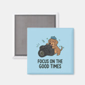 Aimant Dachshund With Camera "Focus on Good Times" Blue  (Recto/Verso)