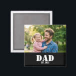 Aimant Dad Established Simple Bold White Text and Photo<br><div class="desc">Dad Established Simple Bold White Typography and Photo Magnet. Celebrate the legend in your life with this Dad Established Simple Black Typography Magnet Featuring a simple, minimal, bold font, this custom magnet is the ultimate Father's Day or birthday gift for any dad, dada, father, or pops. The clean black and...</div>