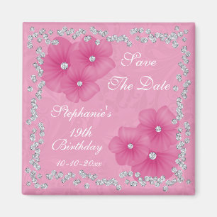Aimant Damassé rose et anniversaire de fleurs 19ème