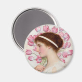 Aimant Dame en robe classique avec tulipes roses (Recto/Verso)