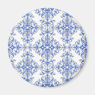 Aimant Damier floral élégant bleu cobalt et blanc