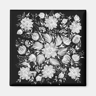 Aimant d'art folklorique floral noir et blanc mono