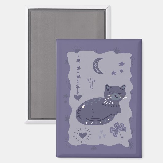 Aimant d'art populaire chat de nuit fantaisiste (Recto/Verso)