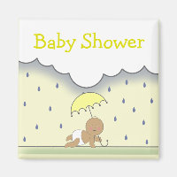 Aimant de Baby shower neutre jaune - Pluie et para