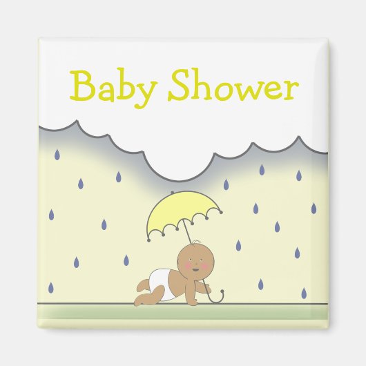 Aimant de Baby shower neutre jaune - Pluie et para (Devant)