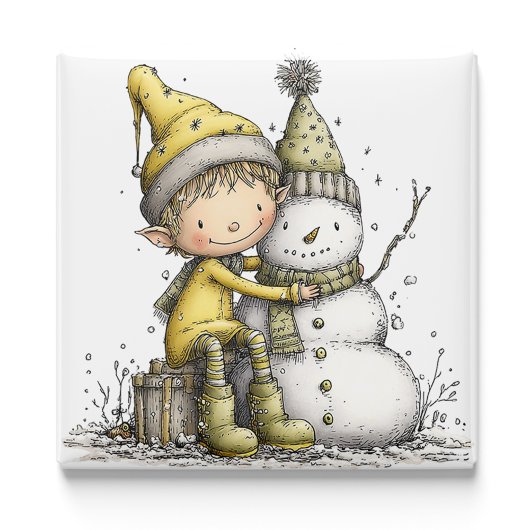 Aimant de Noël Bonhomme de Neige Elfe Jaune