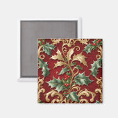 Aimant de Noël Fêtes Rouge Feuilles Vertes Or (Recto/Verso)