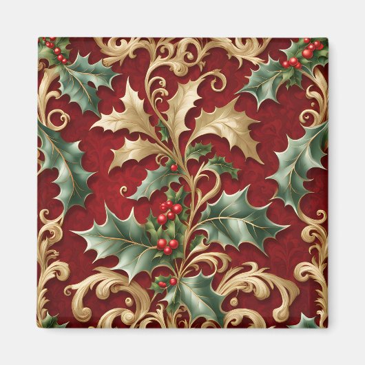 Aimant de Noël Fêtes Rouge Feuilles Vertes Or (Devant)
