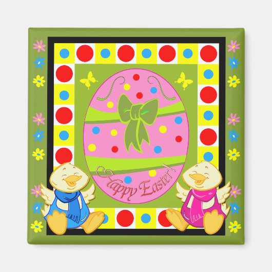 Aimant de Pâques mignon avec oeufs et poulets (Devant)