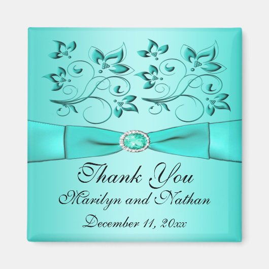 Aimant de remerciement de mariage floral aqua et n (Devant)