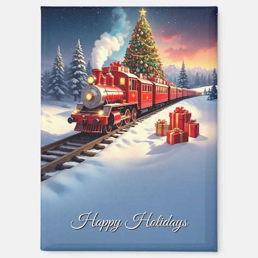 Aimant de vacances d'arbre de Noël de train rouge (Recto)