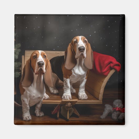 Aimant Décor de Noël Basset Hound Snowy Sleigh (Devant)
