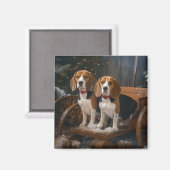 Aimant Décor de Noël Chariot enneigé Beagle (Recto/Verso)
