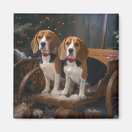 Aimant Décor de Noël Chariot enneigé Beagle (Devant)